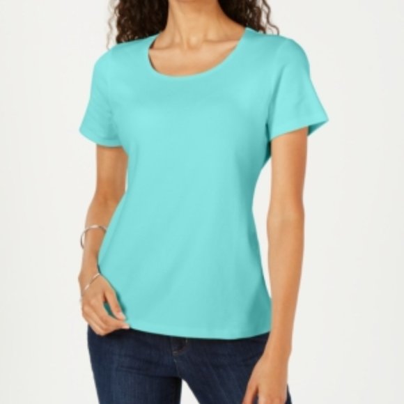 Karen Scott Tops - Petite Cotton Scoop-Neck Top VT42